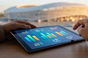 Hands interacting with a tablet displaying colorful sports data infographics against a blurred stadium background.
