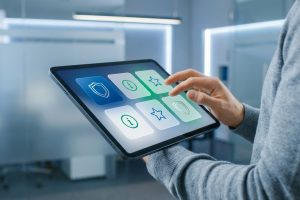 Close-up of a person in a grey sweater interacting with a sleek tablet. The screen shows glowing blue/green icons for security, info, and quality on a clean interface, against a blurred modern background.