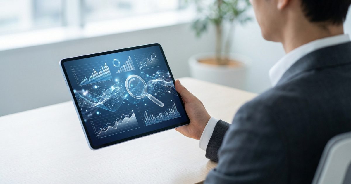 Vue de dos d'une personne tenant une tablette affichant des graphiques de données, une loupe et des connexions numériques bleues.