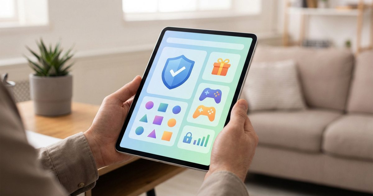 Tablette tenue par des mains, affichant des icônes de sécurité, bonus, jeux vidéo et suivi financier, dans un salon moderne.
