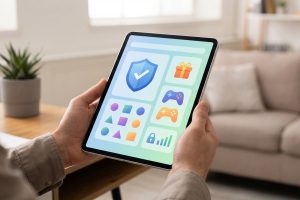 Tablette tenue par des mains, affichant des icônes de sécurité, bonus, jeux vidéo et suivi financier, dans un salon moderne.
