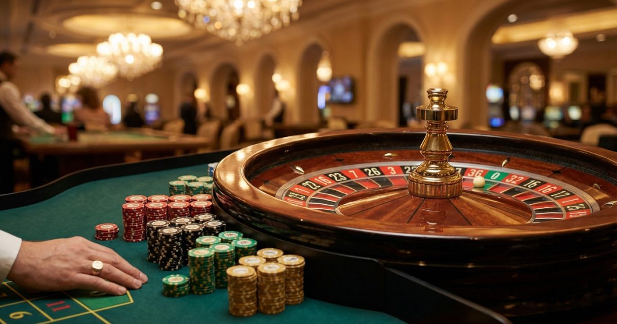 Main d'un joueur près de jetons sur une table de roulette. La bille est sur le zéro vert. Casino de luxe flou en arrière-plan.