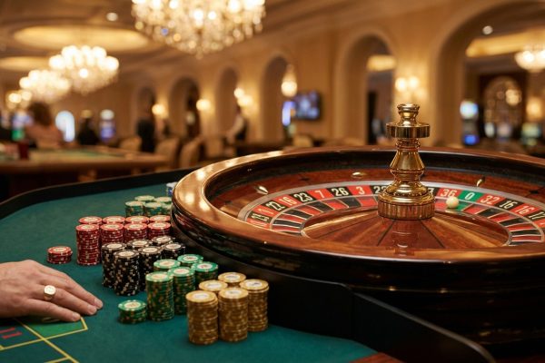 Main d'un joueur près de jetons sur une table de roulette. La bille est sur le zéro vert. Casino de luxe flou en arrière-plan.