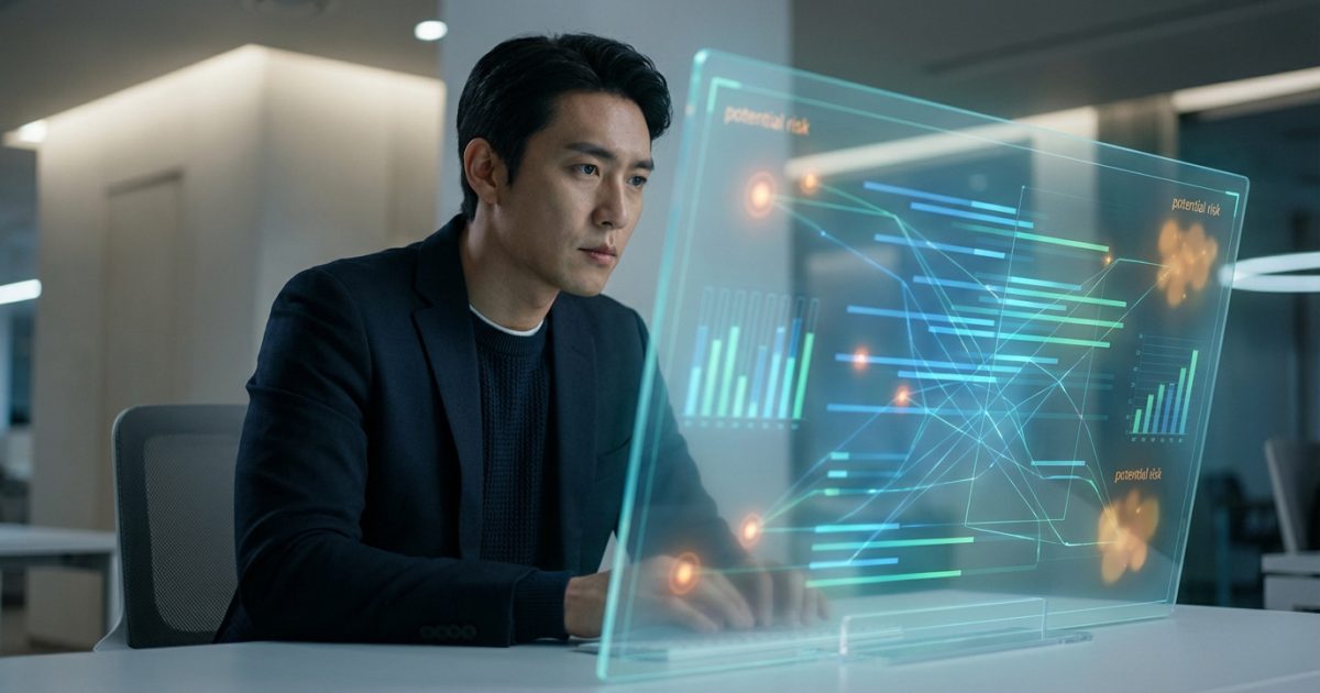 Jeune homme concentré analysant des données complexes et des "risques potentiels" sur un écran holographique en bureau moderne.