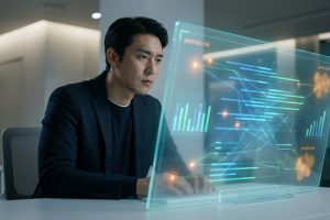 Jeune homme concentré analysant des données complexes et des "risques potentiels" sur un écran holographique en bureau moderne.