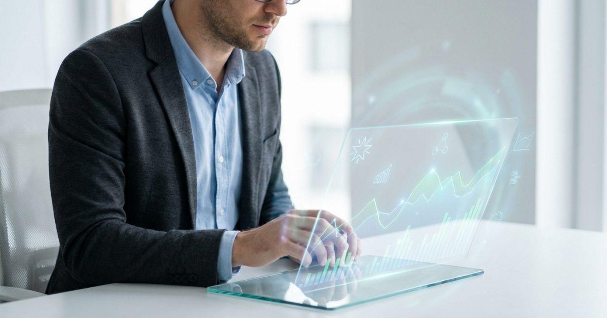 Un homme aux lunettes travaille sur un écran transparent interactif affichant des graphiques et données lumineux dans un bureau moderne.