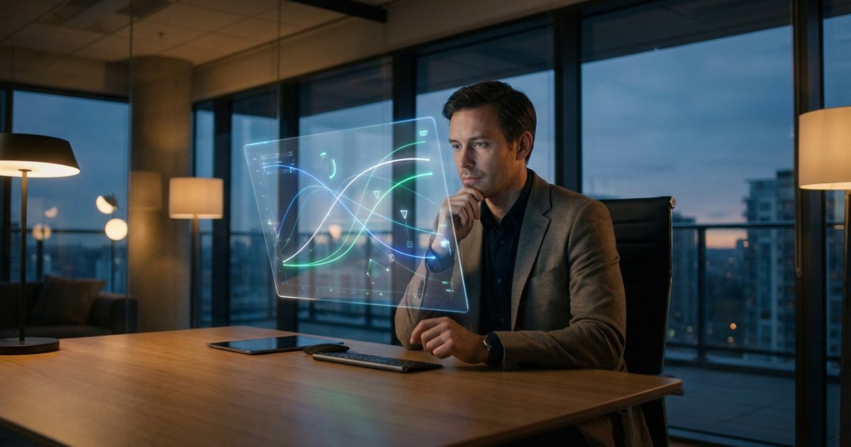 Homme en costume analysant des graphiques holographiques lumineux dans un bureau moderne au crépuscule. Refléchit.