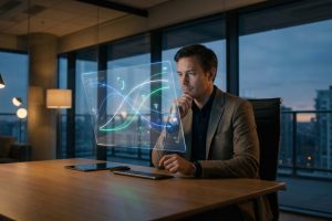 Homme en costume analysant des graphiques holographiques lumineux dans un bureau moderne au crépuscule. Refléchit.