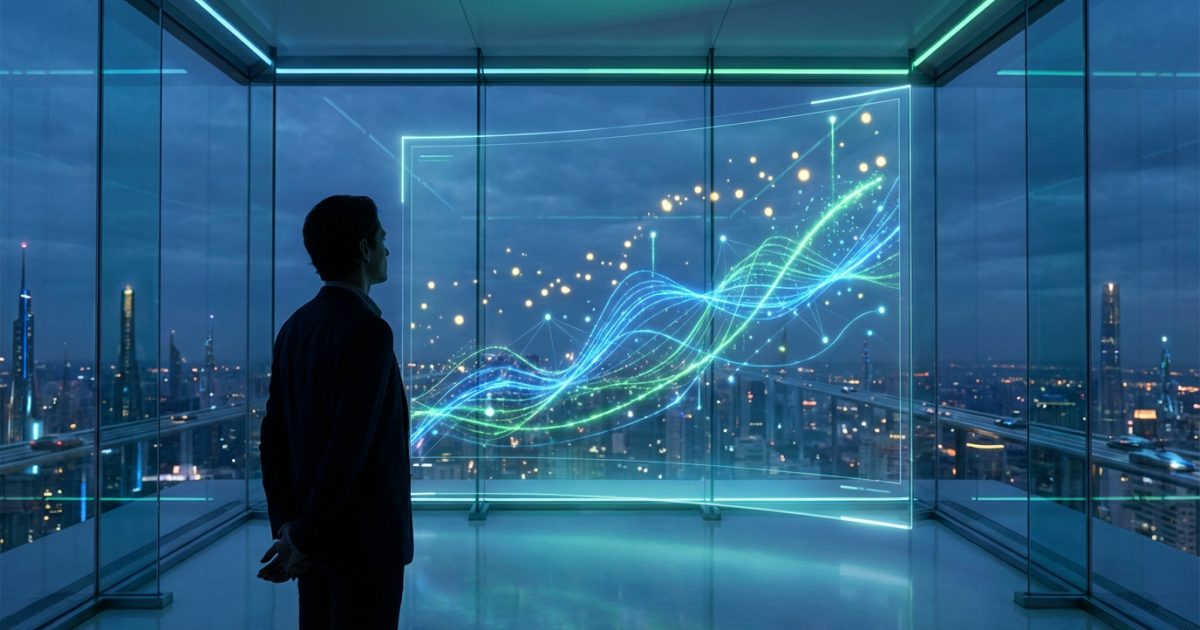 Homme en costume face à un écran transparent affichant un graphique de données lumineuses, surplombant une ville futuriste.