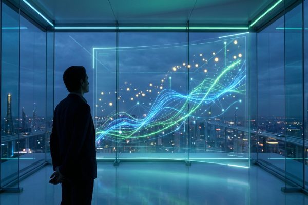 Homme en costume face à un écran transparent affichant un graphique de données lumineuses, surplombant une ville futuriste.