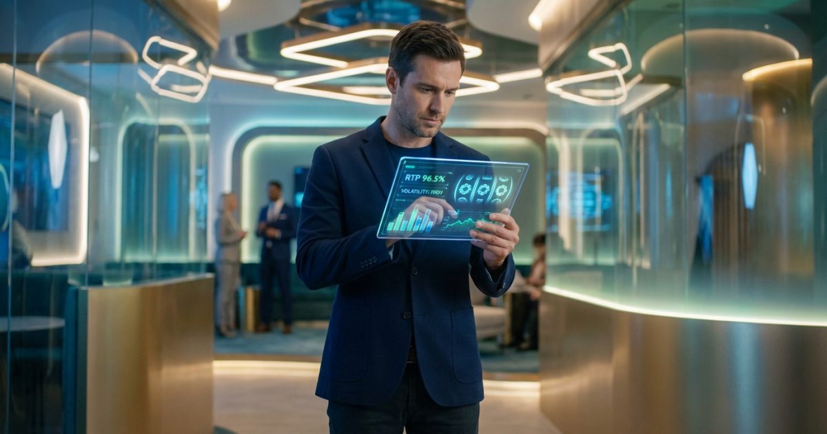 Homme en blazer utilisant une tablette holographique pour analyser des données de machines à sous dans un espace futuriste.