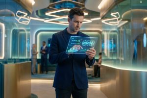 Homme en blazer utilisant une tablette holographique pour analyser des données de machines à sous dans un espace futuriste.