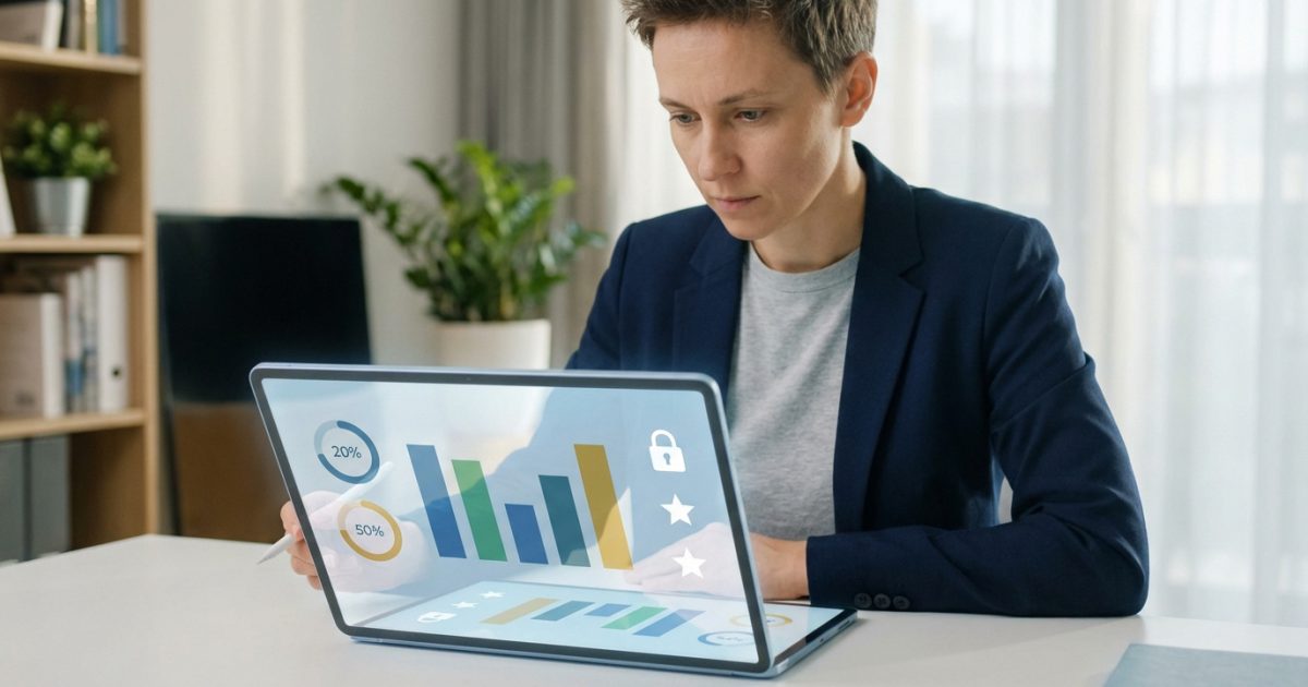 Une personne analyse des graphiques, pourcentages et icônes de sécurité/étoiles sur un ordinateur futuriste.