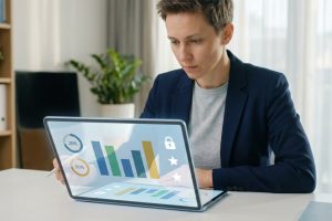 Une personne analyse des graphiques, pourcentages et icônes de sécurité/étoiles sur un ordinateur futuriste.
