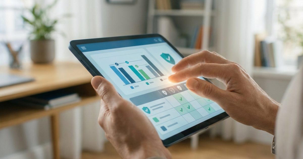 Mains utilisant une tablette affichant des graphiques d'analyse et des icônes de sécurité (boucliers, coches vertes). Évaluation de la fiabilité.