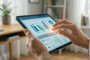 Mains utilisant une tablette affichant des graphiques d'analyse et des icônes de sécurité (boucliers, coches vertes). Évaluation de la fiabilité.