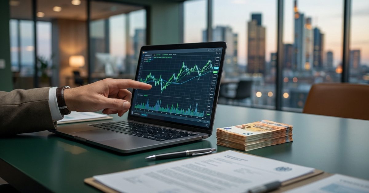 Un homme analyse des graphiques boursiers sur un ordinateur portable. À côté, une liasse de billets de 50 euros et des documents. Vue sur ville.