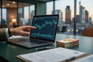 Un homme analyse des graphiques boursiers sur un ordinateur portable. À côté, une liasse de billets de 50 euros et des documents. Vue sur ville.