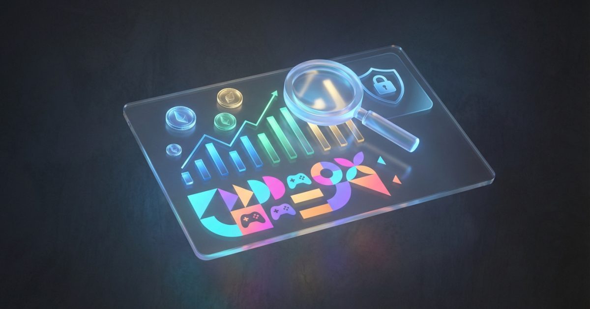 Tablette transparente avec graphiques de croissance, icônes Ethereum, manettes, cadenas et loupe. Analyse financière et sécurité jeux en ligne.