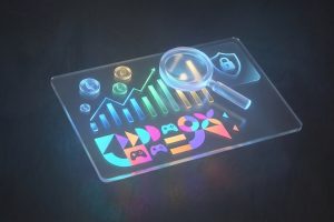 Tablette transparente avec graphiques de croissance, icônes Ethereum, manettes, cadenas et loupe. Analyse financière et sécurité jeux en ligne.