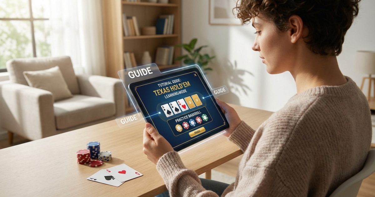Femme utilise une tablette pour apprendre le poker Texas Hold'em en mode tutoriel, avec des jetons et cartes sur la table.