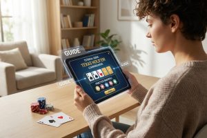 Femme utilise une tablette pour apprendre le poker Texas Hold'em en mode tutoriel, avec des jetons et cartes sur la table.