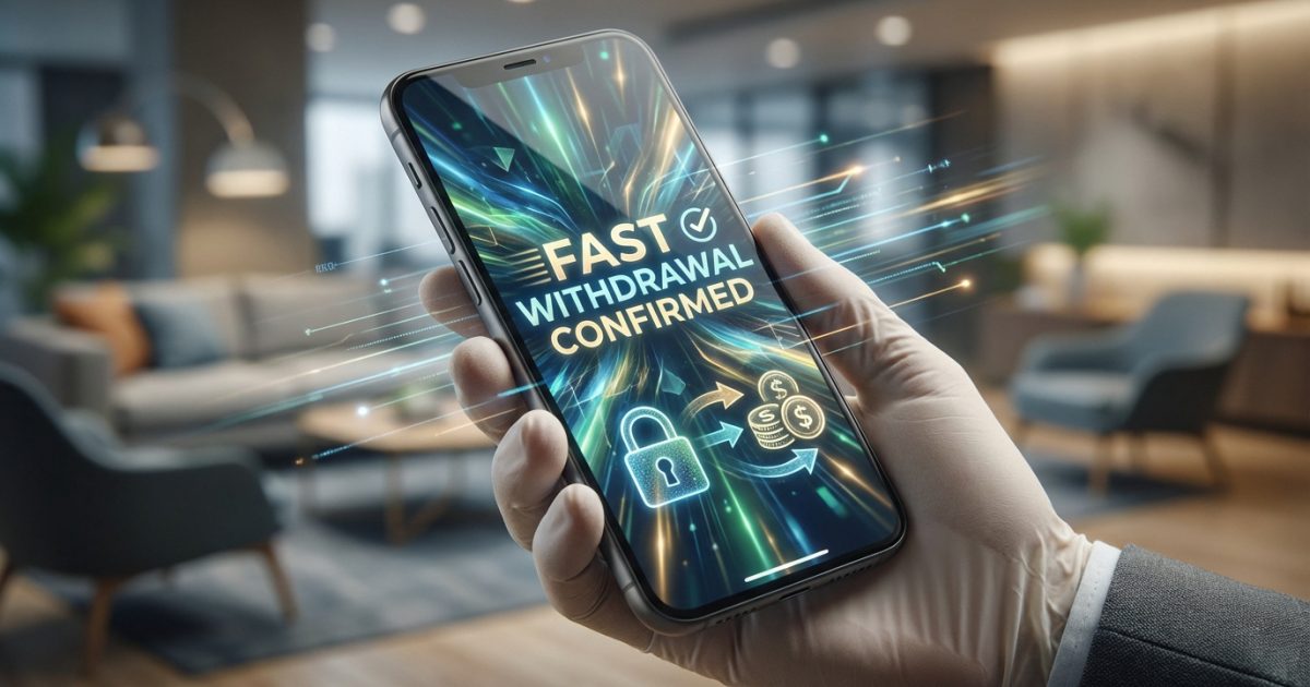 Main tenant un smartphone affichant "FAST WITHDRAWAL CONFIRMED", avec des icônes de sécurité et de monnaie. Lignes lumineuses.
