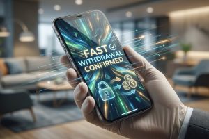 Main tenant un smartphone affichant "FAST WITHDRAWAL CONFIRMED", avec des icônes de sécurité et de monnaie. Lignes lumineuses.