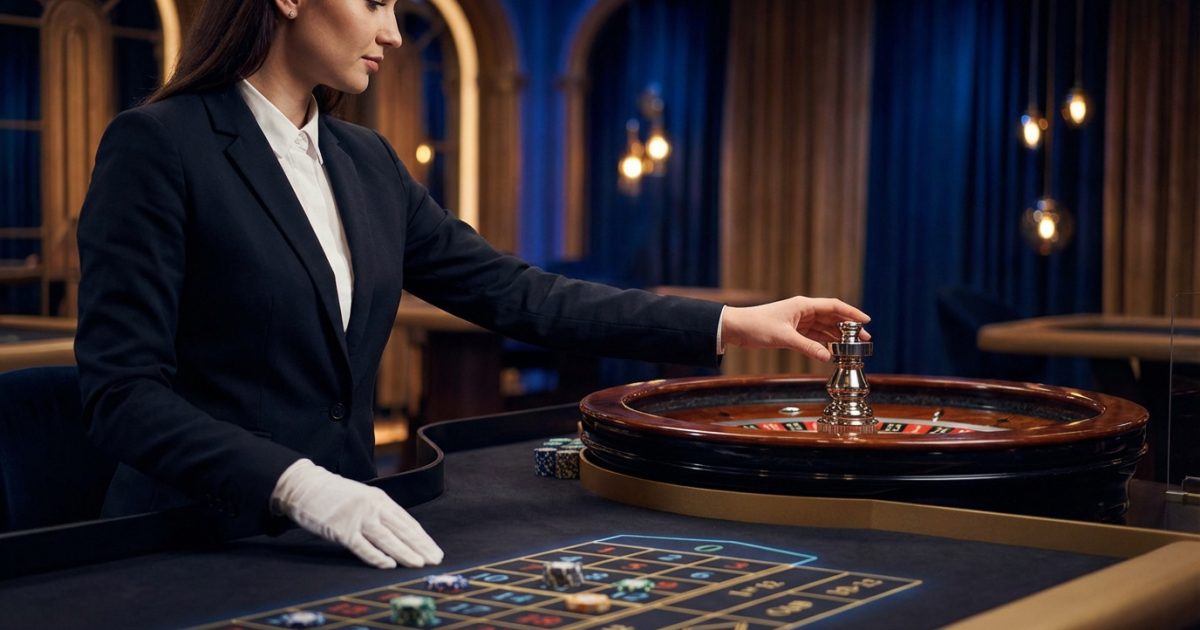Croupière élégante en veste noire et gants blancs marquant un numéro gagnant sur une roue de roulette avec jetons sur le tapis.