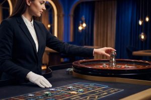 Croupière élégante en veste noire et gants blancs marquant un numéro gagnant sur une roue de roulette avec jetons sur le tapis.