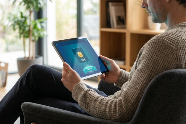 Un homme en pull gris-beige assis dans un salon, tenant une tablette affichant un bonus de 10€ pour un casino en ligne.