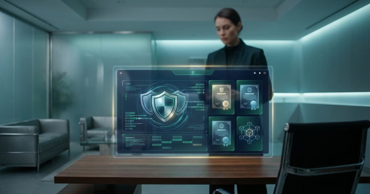 Écran holographique futuriste affichant sécurité, certifications et données. Une personne observe en arrière-plan.