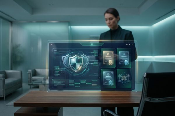 Écran holographique futuriste affichant sécurité, certifications et données. Une personne observe en arrière-plan.
