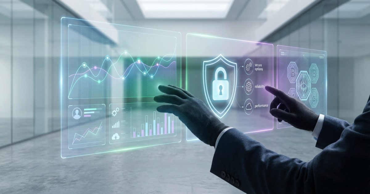 Personne en costume et gants interagit avec des interfaces numériques holographiques : graphiques, bouclier de sécurité, crypto.