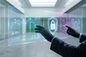 Personne en costume et gants interagit avec des interfaces numériques holographiques : graphiques, bouclier de sécurité, crypto.