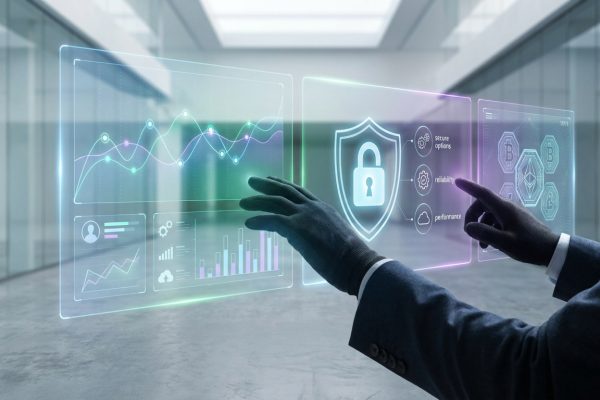 Personne en costume et gants interagit avec des interfaces numériques holographiques : graphiques, bouclier de sécurité, crypto.