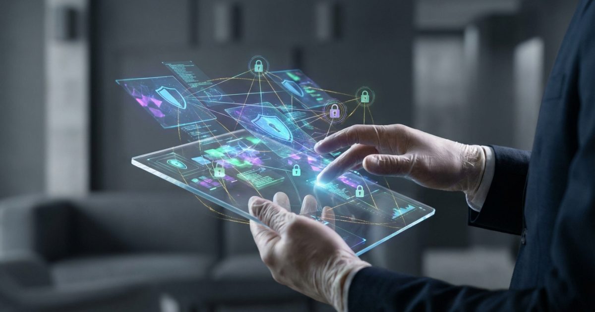 Mains gantées interagissant avec une tablette holographique affichant symboles de sécurité pour les casinos en ligne.