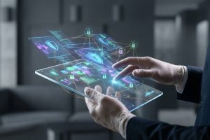 Mains gantées interagissant avec une tablette holographique affichant symboles de sécurité pour les casinos en ligne.