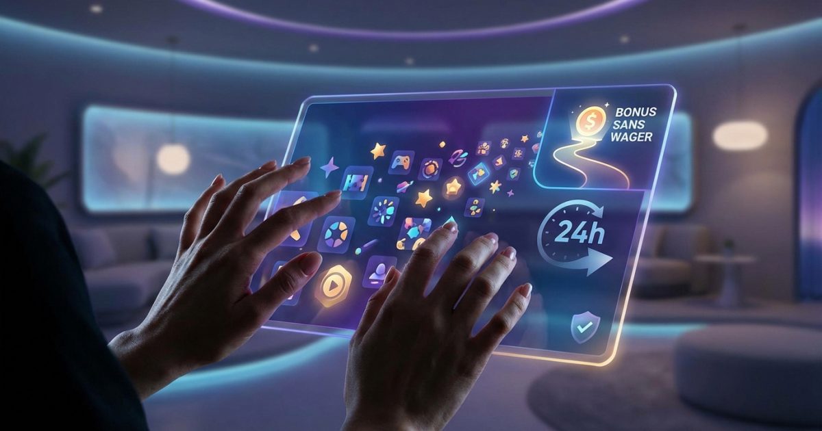 Mains interagissant avec une tablette holographique affichant des icônes de casino et un bonus sans wager. Ambiance futuriste.
