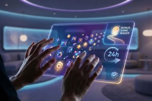 Mains interagissant avec une tablette holographique affichant des icônes de casino et un bonus sans wager. Ambiance futuriste.