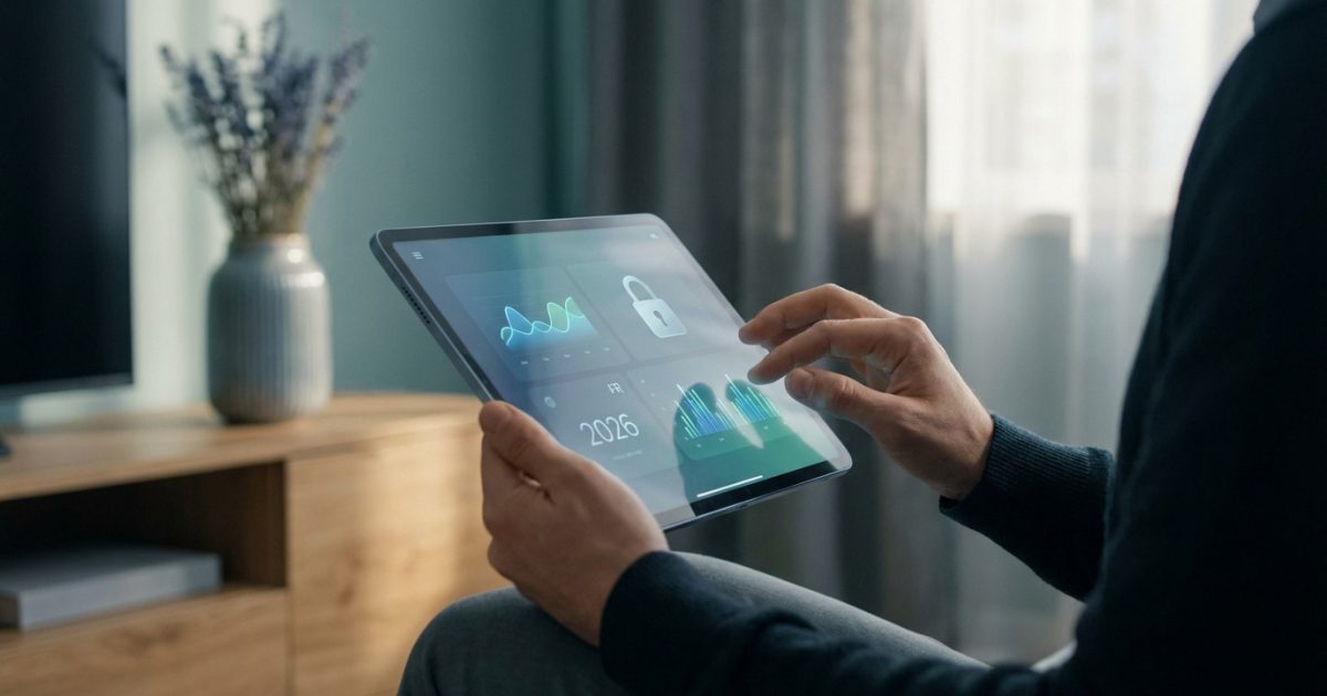 Une personne utilise une tablette affichant des graphiques, une icône de cadenas et '2026 FR', symbolisant l'analyse et la sécurité des données.