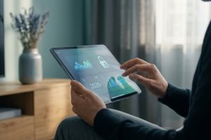 Une personne utilise une tablette affichant des graphiques, une icône de cadenas et '2026 FR', symbolisant l'analyse et la sécurité des données.