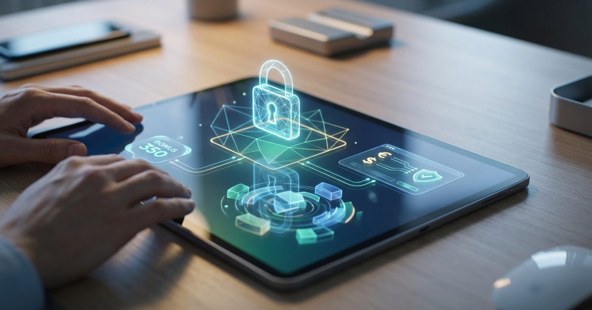 Mains interagissant avec une tablette affichant des icônes de cadenas, bonus et paiements sécurisés pour casino en ligne.