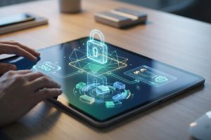 Mains interagissant avec une tablette affichant des icônes de cadenas, bonus et paiements sécurisés pour casino en ligne.