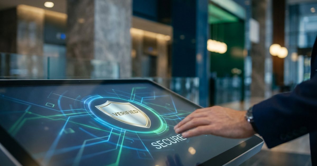 Main appuyant sur un écran tactile affichant un bouclier doré 'VERIFIED' et le mot 'SECURE' sur fond numérique.