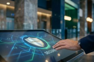 Main appuyant sur un écran tactile affichant un bouclier doré 'VERIFIED' et le mot 'SECURE' sur fond numérique.