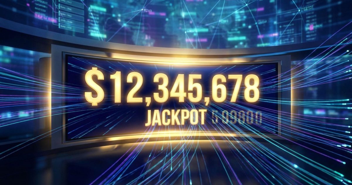 Écran numérique affichant un jackpot progressif de $12,345,678 en lettres dorées. Arrière-plan technologique vibrant.
