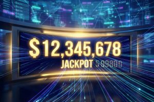 Écran numérique affichant un jackpot progressif de $12,345,678 en lettres dorées. Arrière-plan technologique vibrant.
