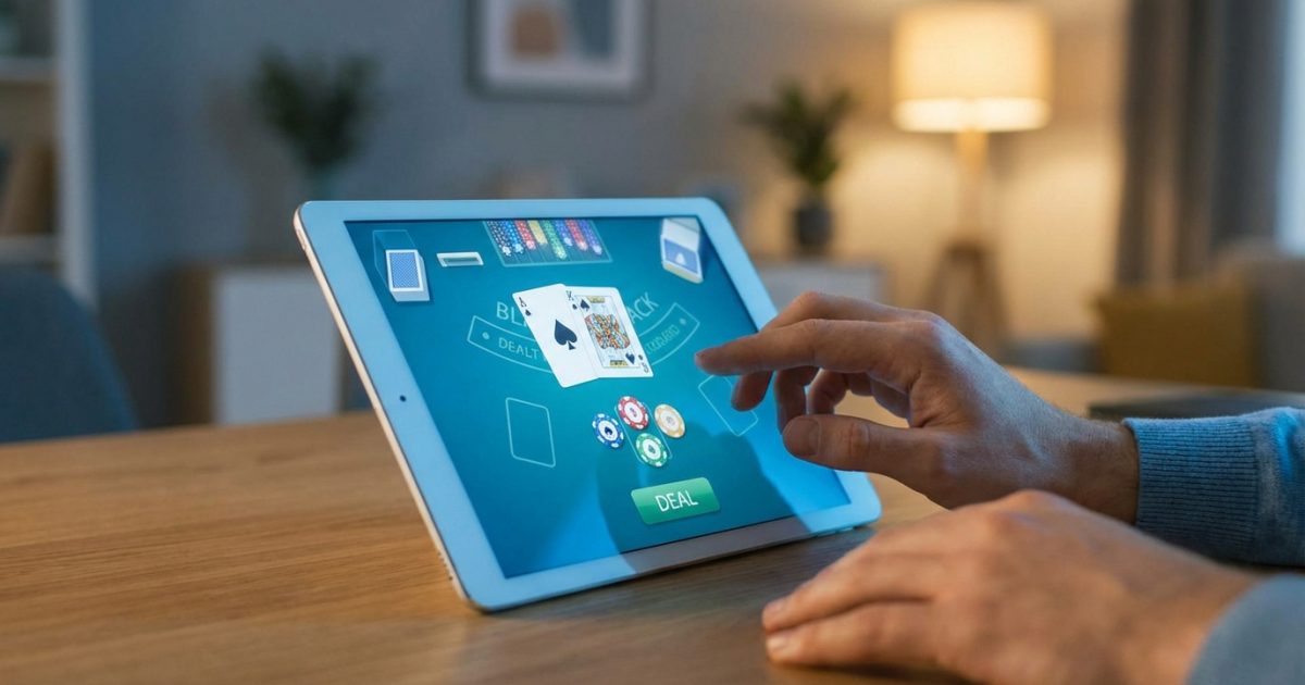 Une personne joue au blackjack sur tablette. L'écran affiche une main d'as et de roi, ainsi que des jetons.
