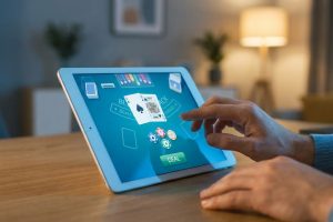 Une personne joue au blackjack sur tablette. L'écran affiche une main d'as et de roi, ainsi que des jetons.